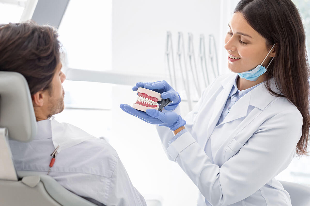 dentist holding plastic model of teeth up for patient